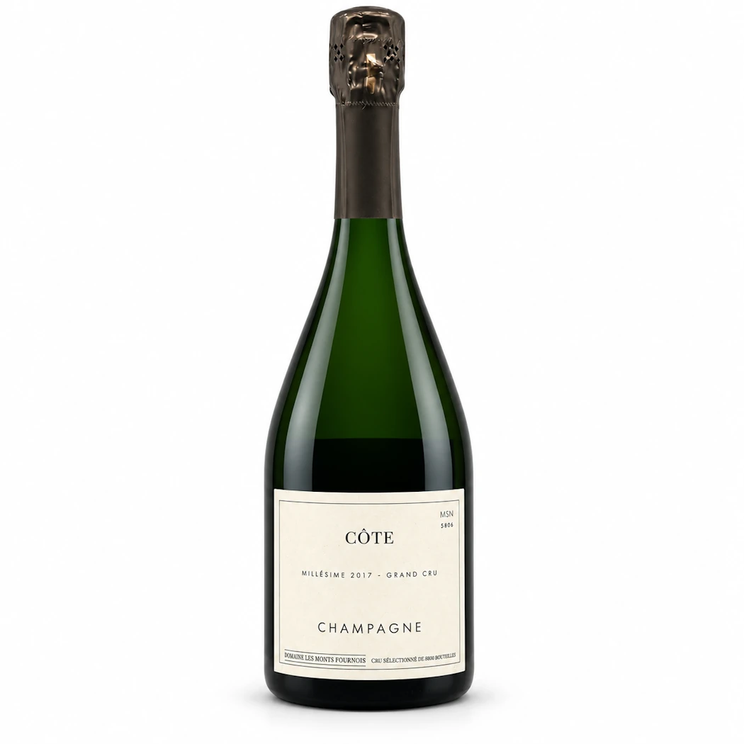 Botella de champagne Les Monts Fournois Côte Le Mesnil 2017 Grand Cru sobre fondo blanco